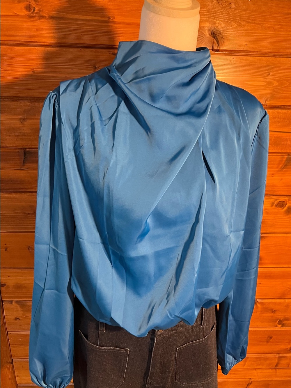 Blue Draped Satin Women's Blouse